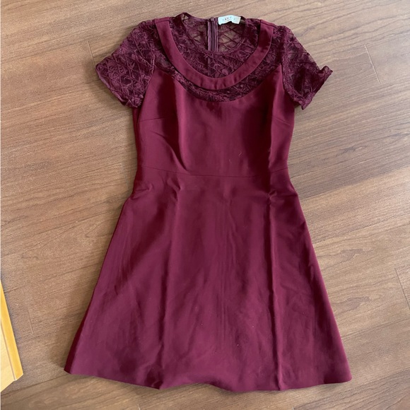 Sandro Paris dress burgundy A line lace mesh sheer neckline wine party mini - Picture 1 of 2